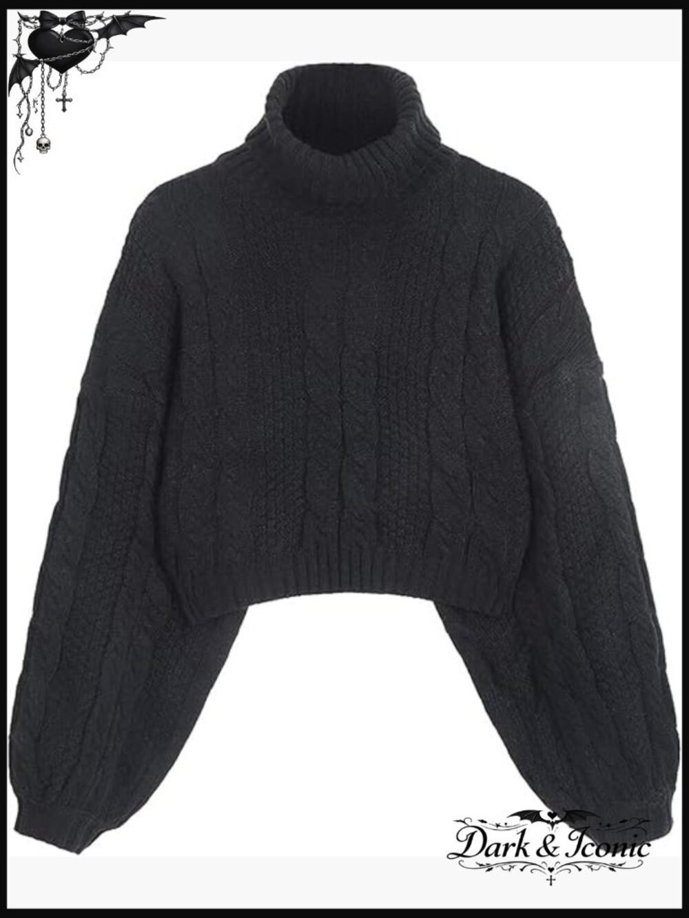 Cropped Turtleneck Sweater Lantern Sleeve Ribbed Knit Pullover